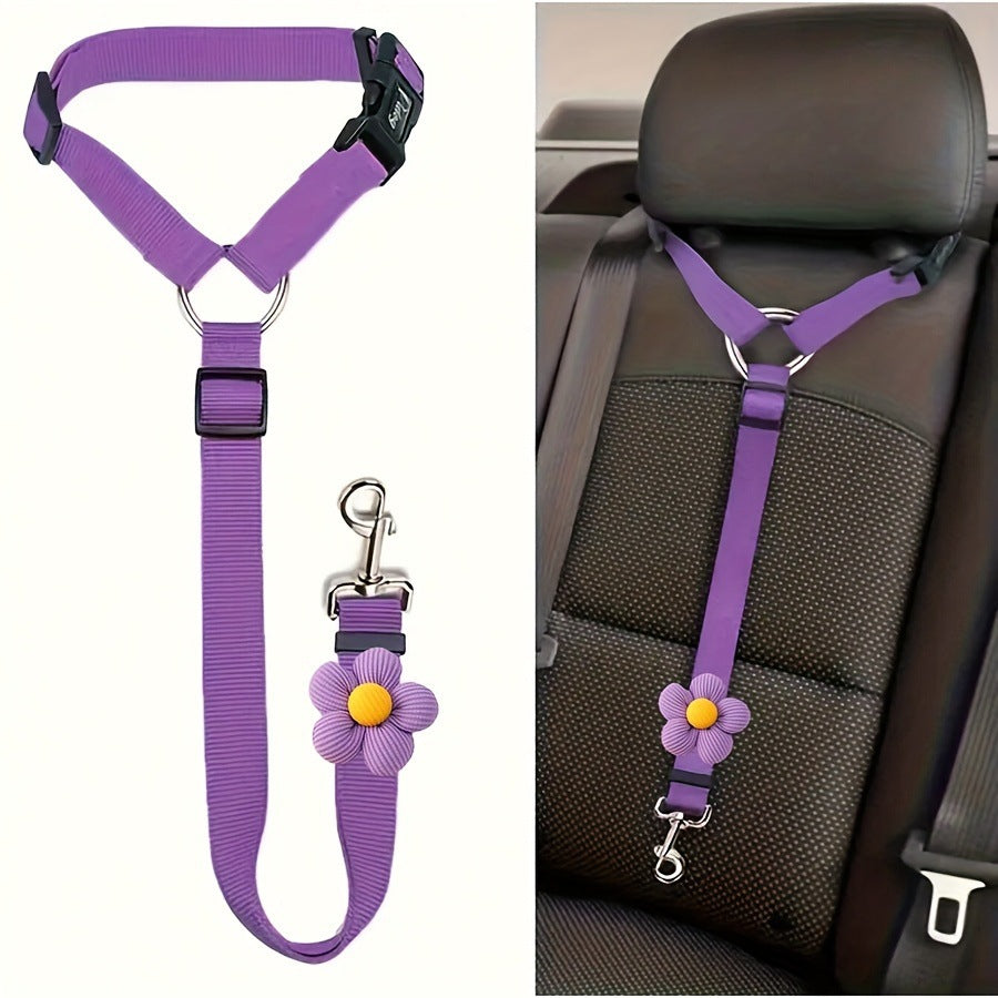 Adjustable Car Seatbelt for Dogs - Headrest Restraint with Safety Clip & Flower Charm