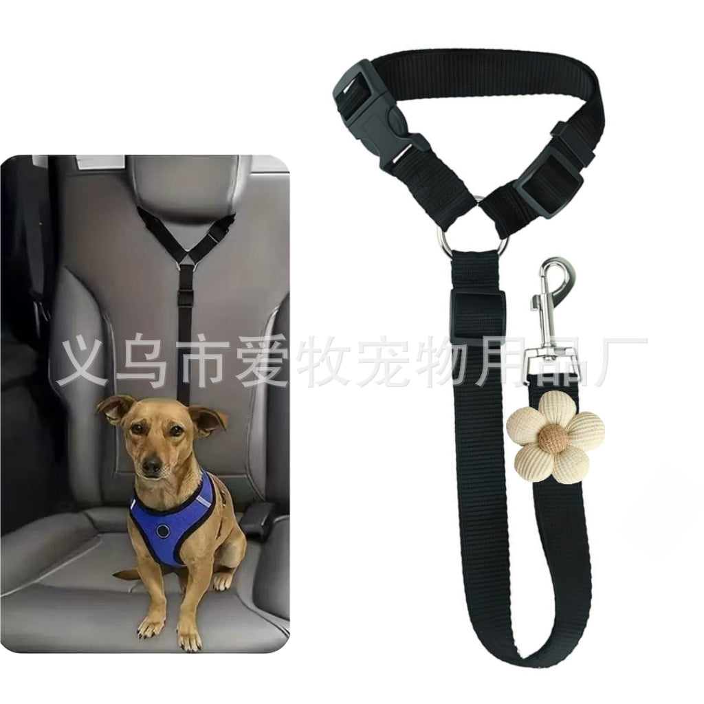Adjustable Car Seatbelt for Dogs - Headrest Restraint with Safety Clip & Flower Charm