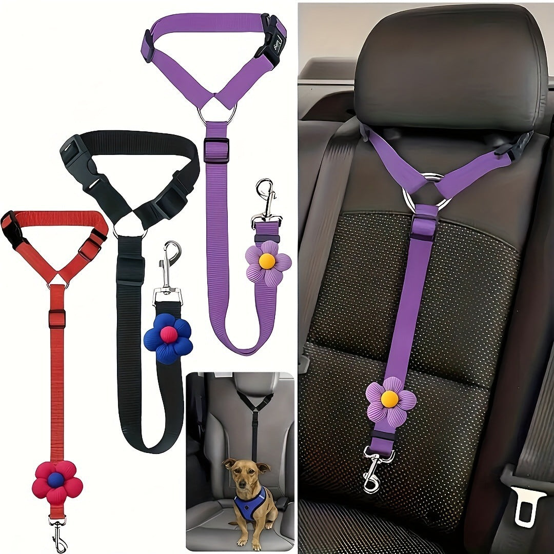 Adjustable Car Seatbelt for Dogs - Headrest Restraint with Safety Clip & Flower Charm