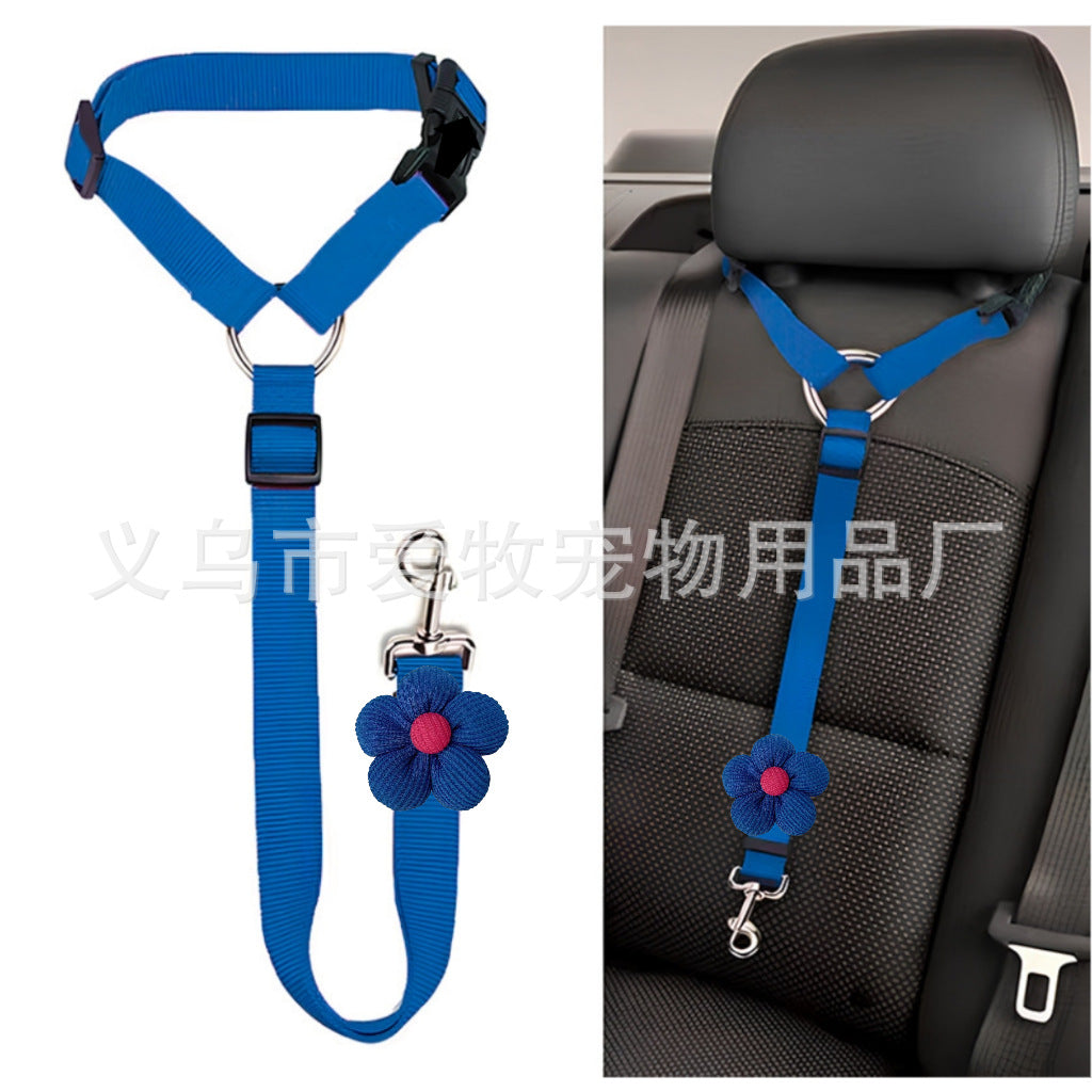 Adjustable Car Seatbelt for Dogs - Headrest Restraint with Safety Clip & Flower Charm