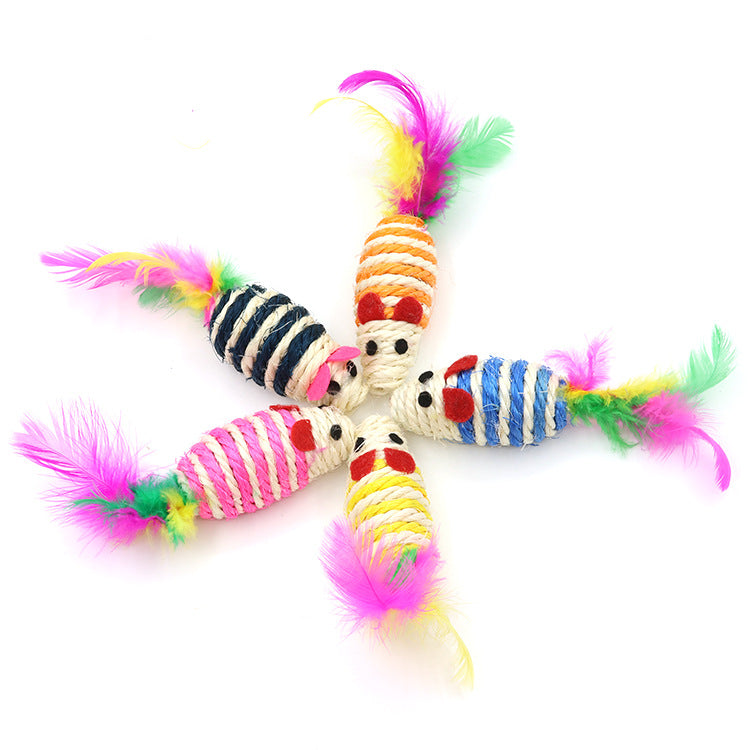 Sisal Mouse Cat Toy with Feathers & Sound | Interactive Training Toy