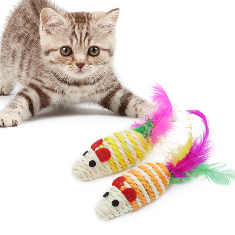 Sisal Mouse Cat Toy with Feathers & Sound | Interactive Training Toy