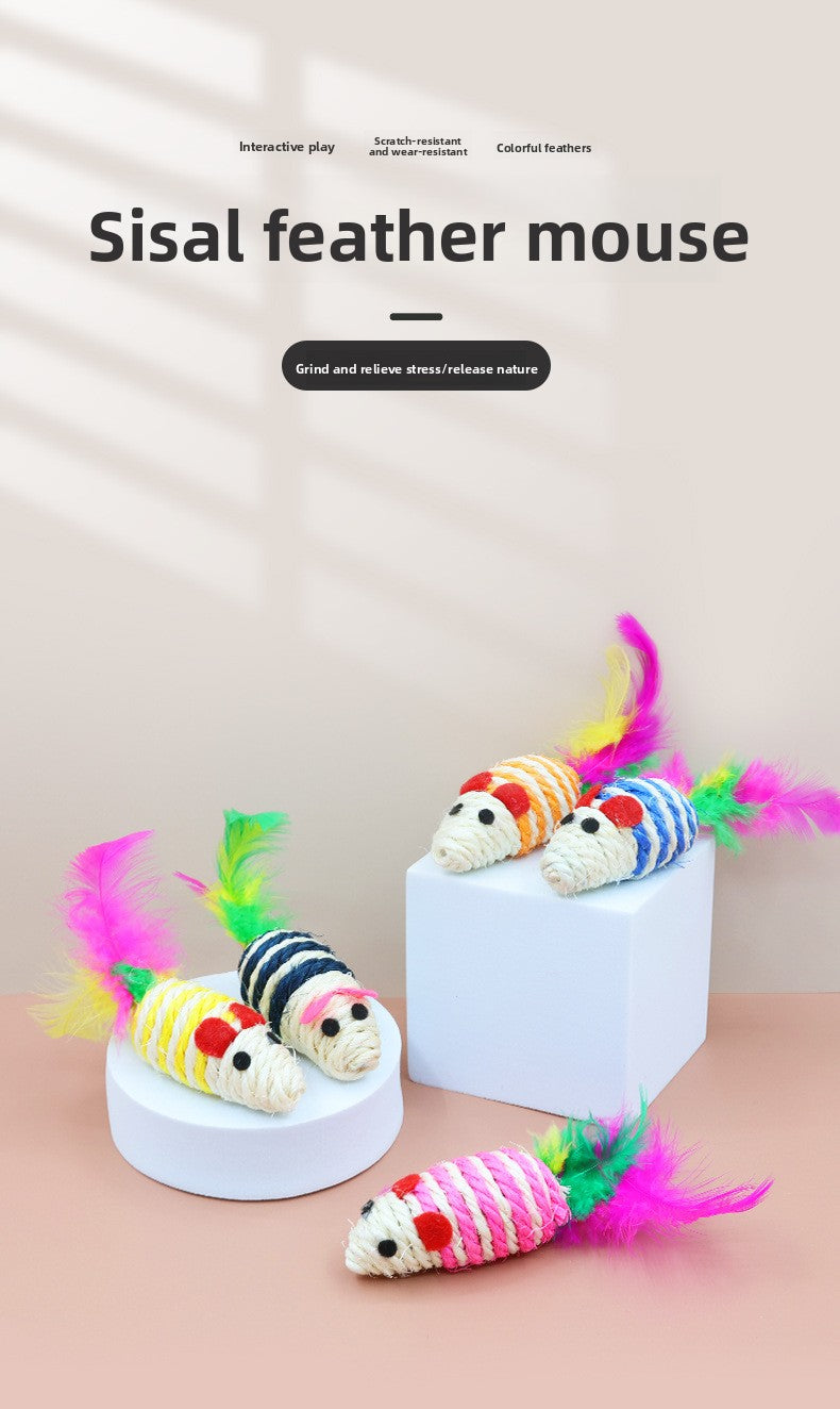 Sisal Mouse Cat Toy with Feathers & Sound | Interactive Training Toy