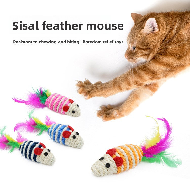Sisal Mouse Cat Toy with Feathers & Sound | Interactive Training Toy