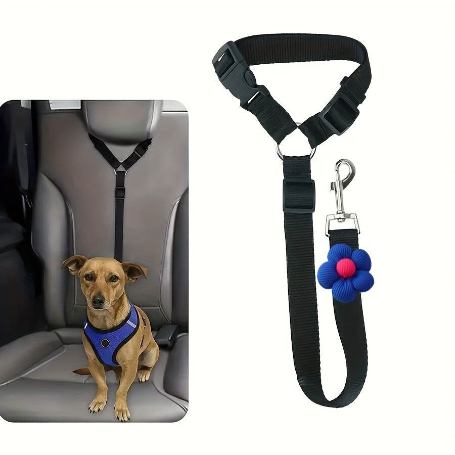 Adjustable Car Seatbelt for Dogs - Headrest Restraint with Safety Clip & Flower Charm