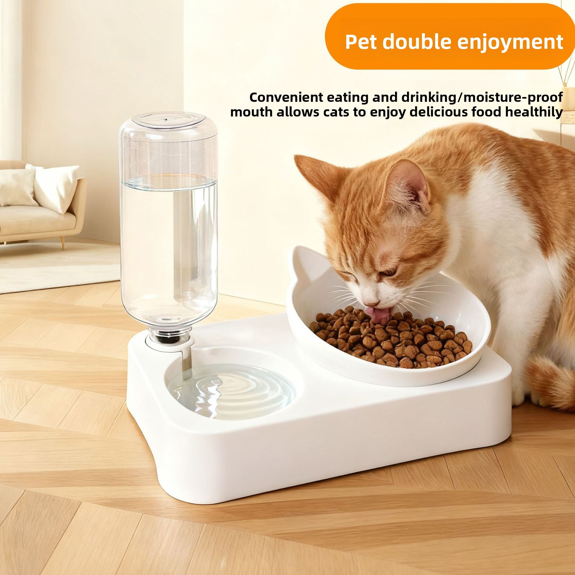Dual Bowl Cat Feeder - Automatic Gravity Water Dispenser & Food Bowl with Anti-Tip Design