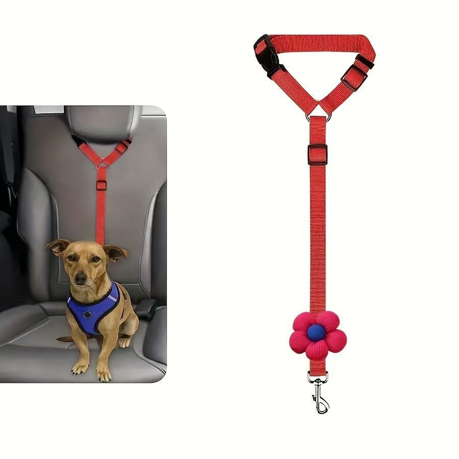 Adjustable Car Seatbelt for Dogs - Headrest Restraint with Safety Clip & Flower Charm