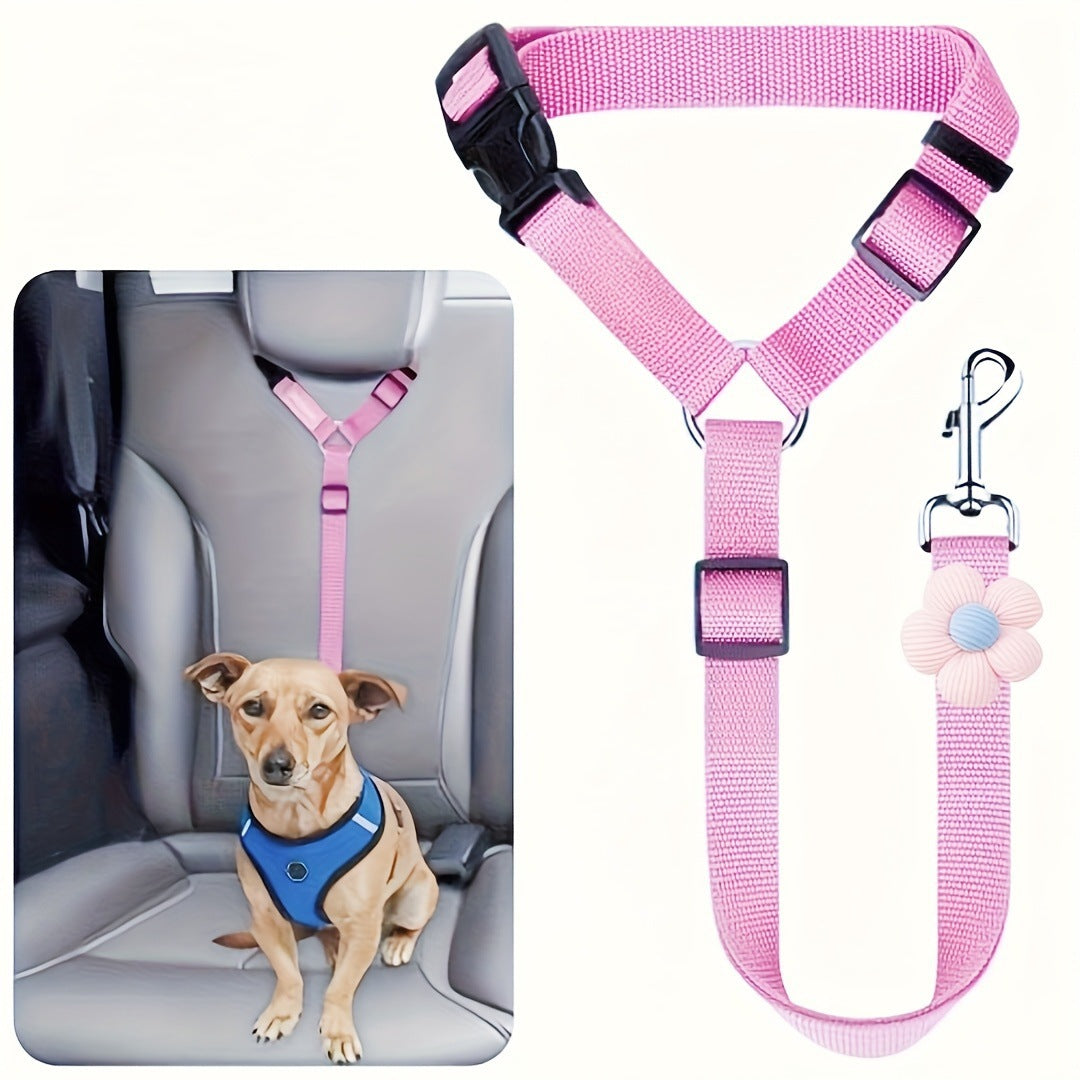 Adjustable Car Seatbelt for Dogs - Headrest Restraint with Safety Clip & Flower Charm